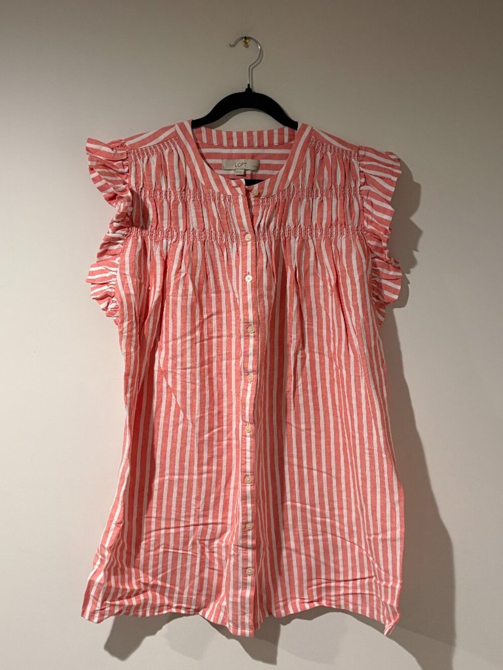 LOFT Striped Linen Blend Flutter Shirtdress